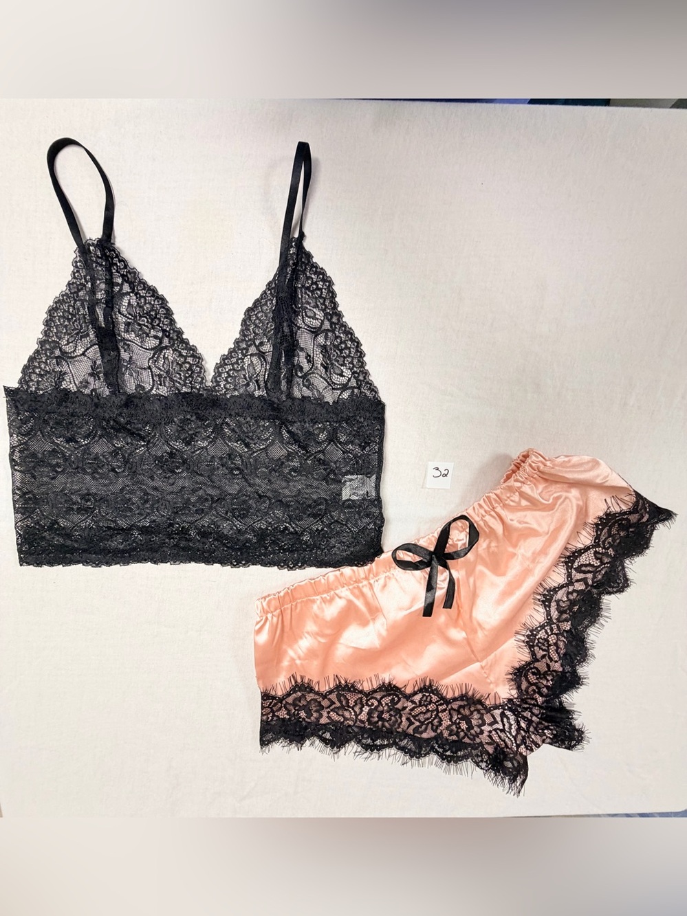 Lace Bralette & Satin Lace-Trim Sleep Shorts - Black & Blush
